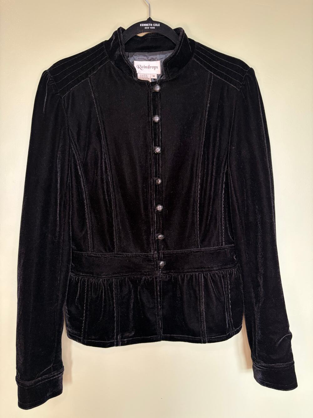 Raindrops Black Velvet Jacket Size M Peplum Button Front Goth Romantic Evening B
